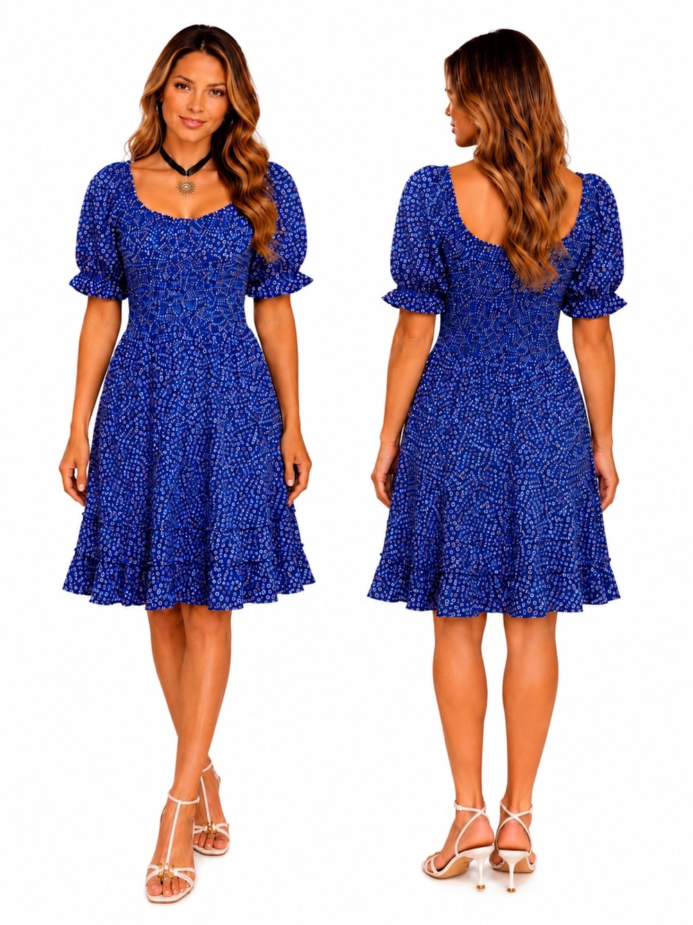 NWT Blue Floral Smocked Puff Sleeve Tiered Midi Dress Women’s Size XXL
